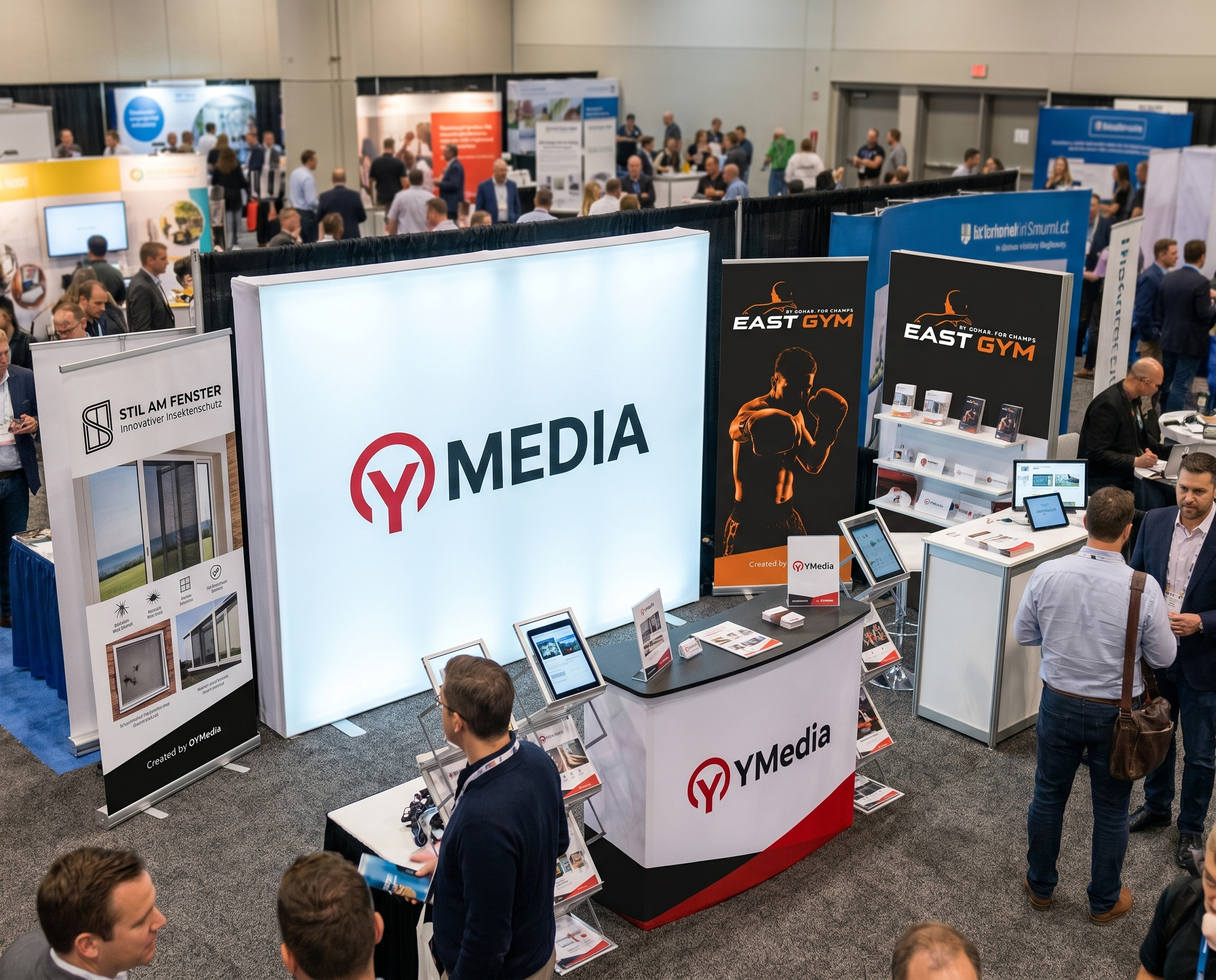 OYMEDIA Eventausstattung — Messestand, Theke, Beachflags